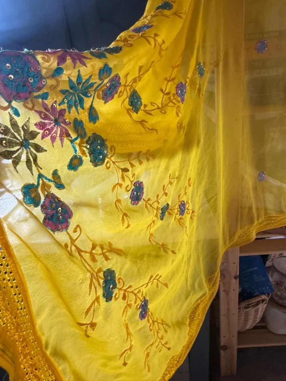 Unbranded Yellow Table cloth 40x84” vintage India Embroidered floral Wrap